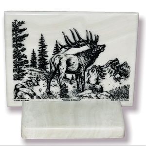 Vintage White￼ Marble Mountain Elk Etching Wilderness Scene Moose Art Signed